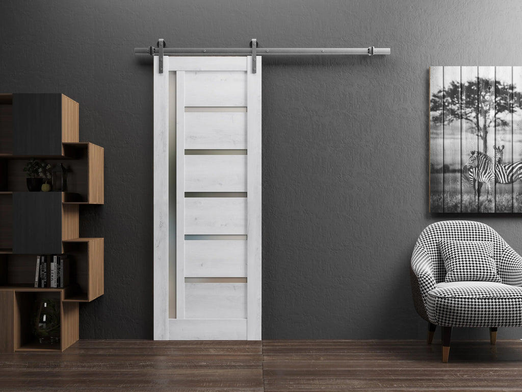 Nordic White Frosted Glass Barn Door with Stainless Steel Rail H813939