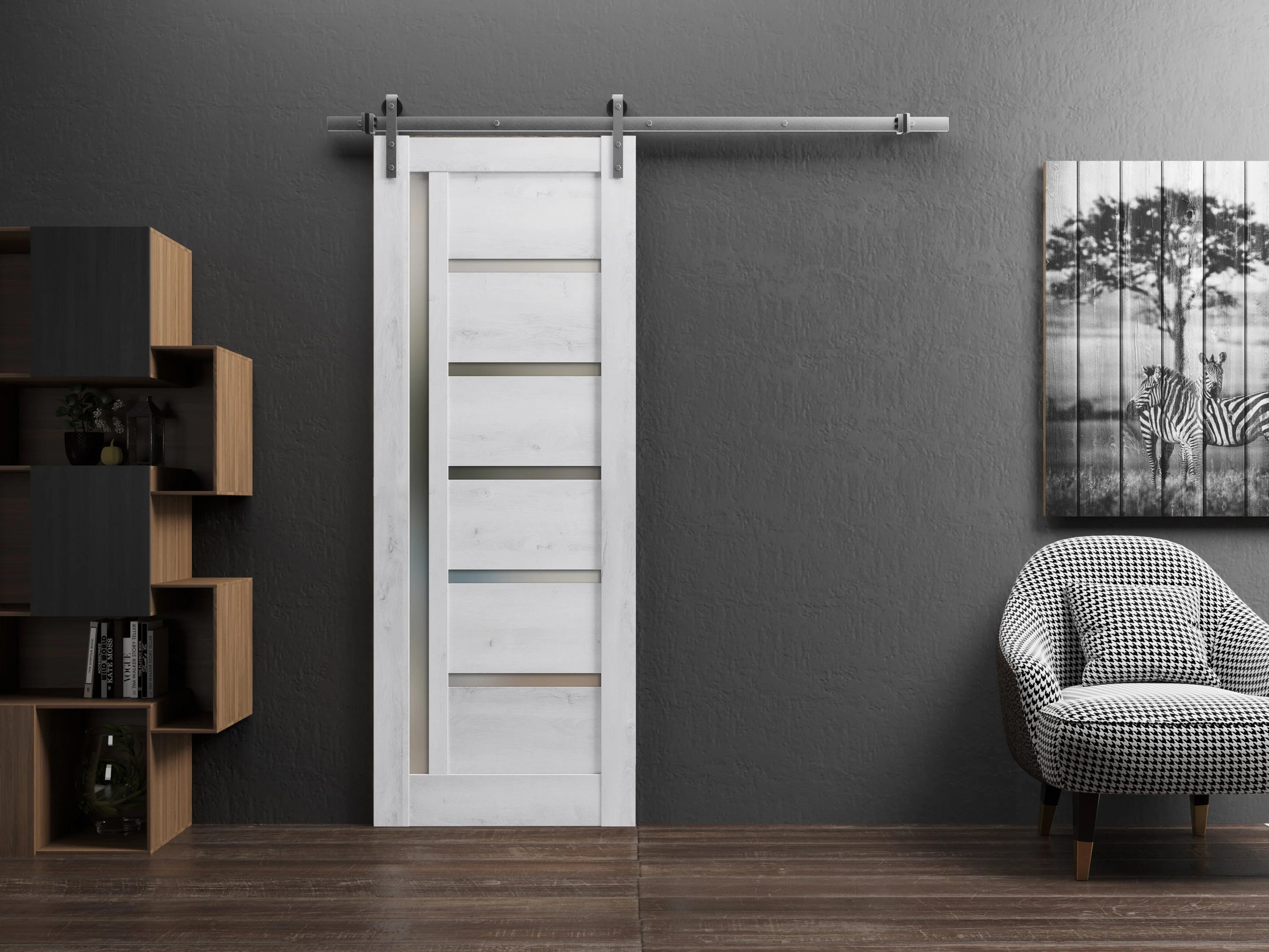 Nordic White Frosted Glass Barn Door with Stainless Steel Rail H813939