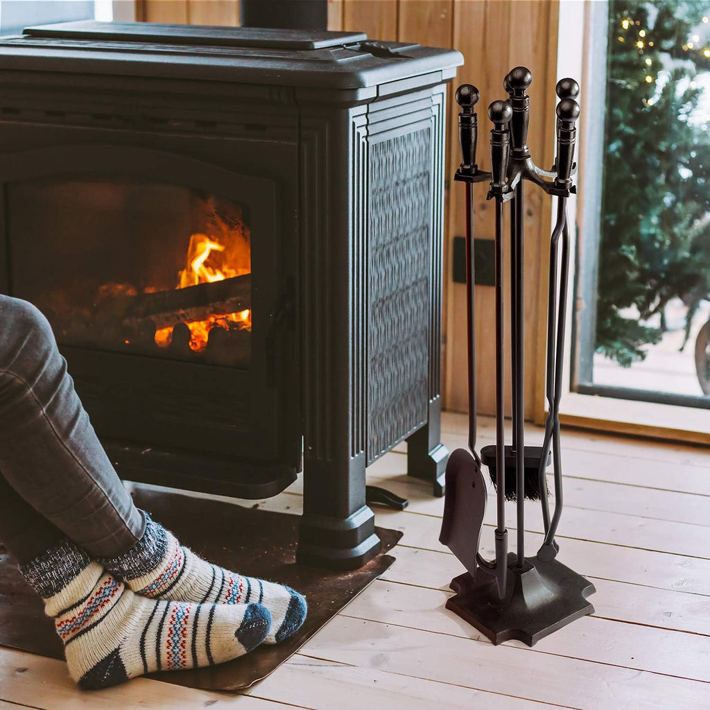 5 Pieces 32inch Black Cast Iron Fireplace Tool Set with Log Holder W650873