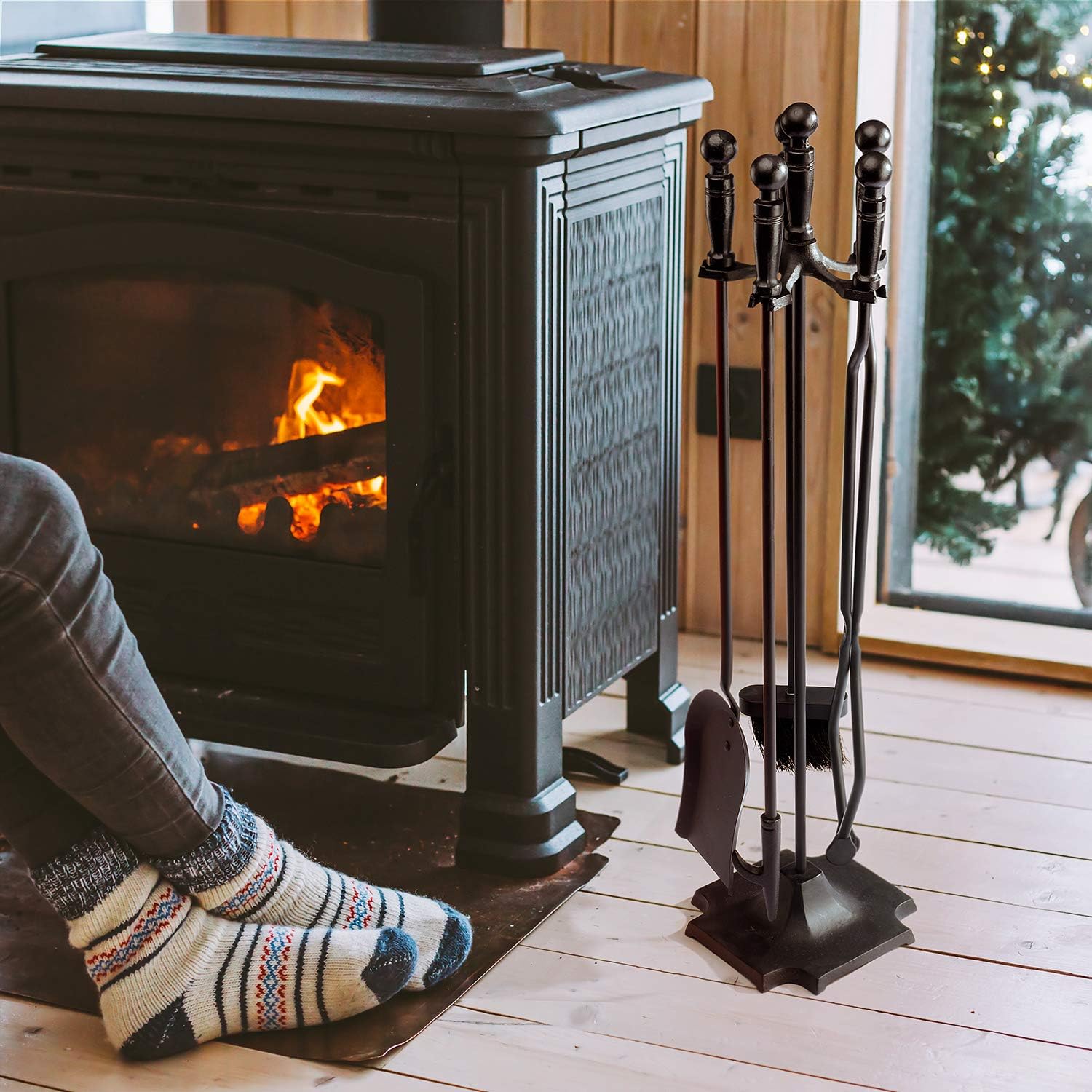 5 Pieces 32inch Black Cast Iron Fireplace Tool Set with Log Holder W650873