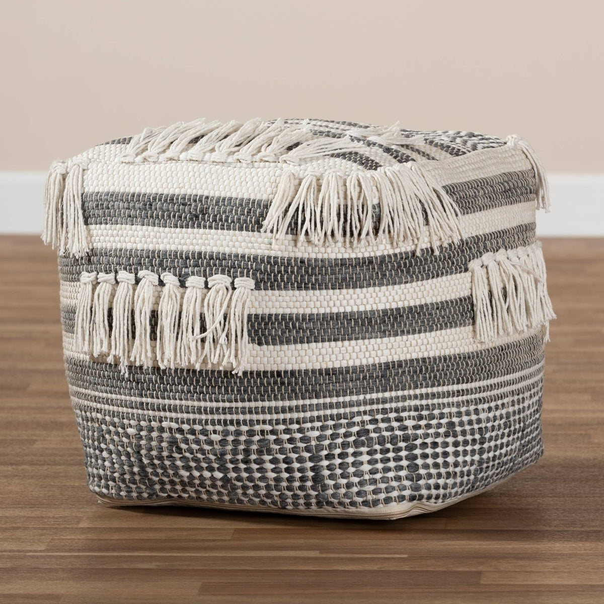 Grey and Ivory Handwoven Pouf Ottoman A379361