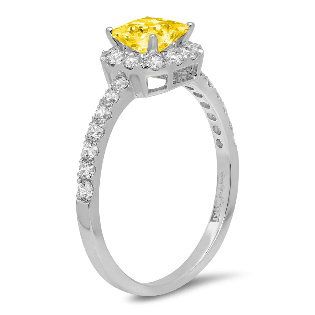 Princess Cut Yellow Simulated Diamond 14k White Gold Halo Ring Size 7.5 Y463