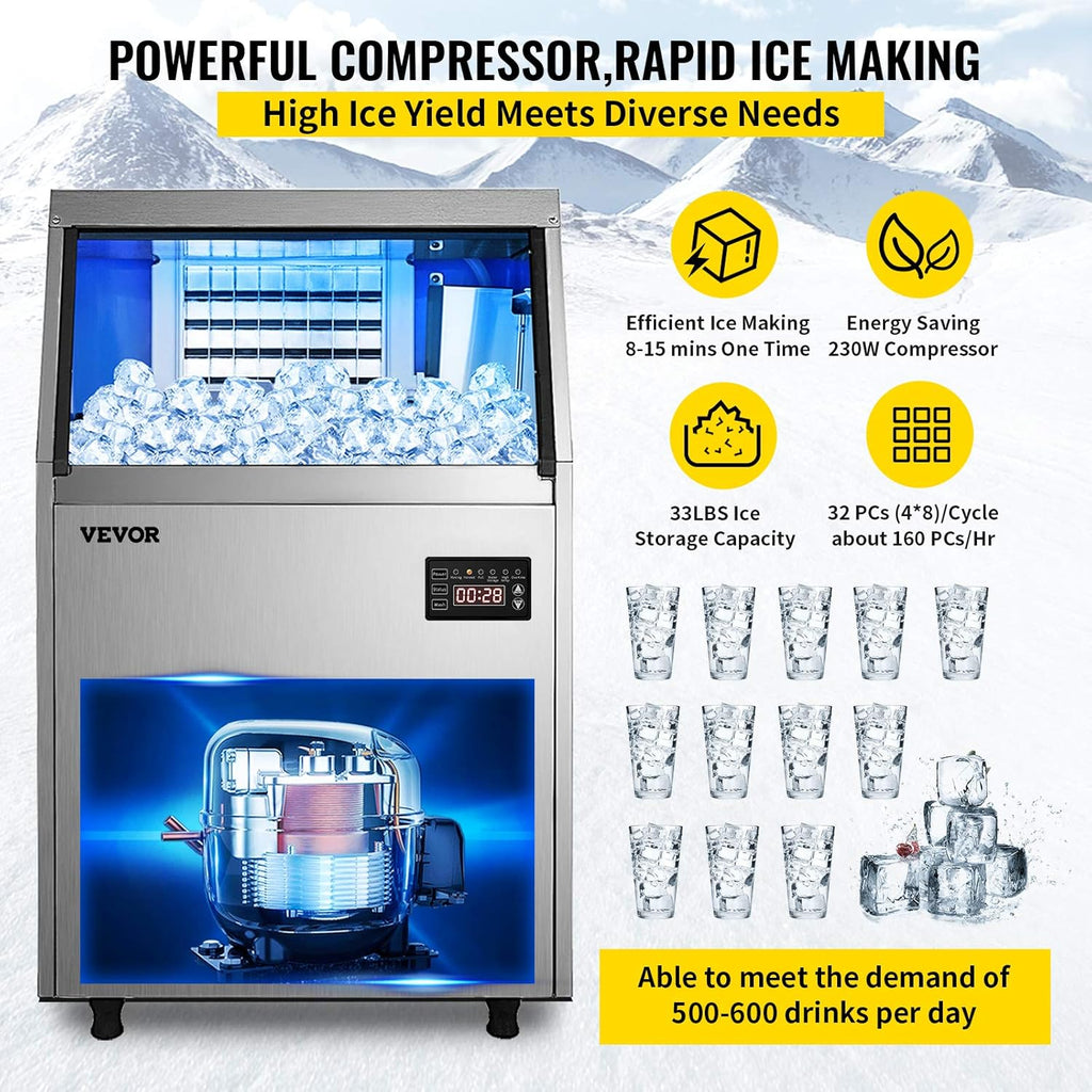 110V Commercial Ice Maker with 33LBS Bin, Stainless Steel G557569