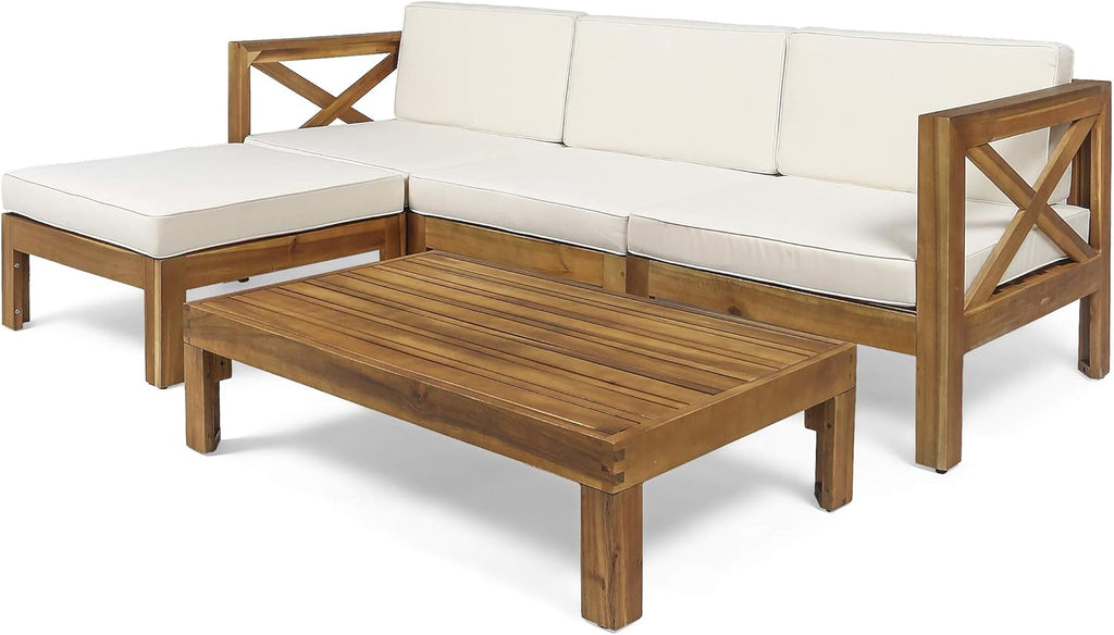 Teak Finish Beige 5 Piece Outdoor Acacia Wood Sofa Set A6087