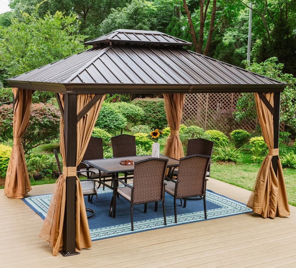 10' x 12' Hardtop Galvanized Steel Outdoor Gazebo with Netting and Curtains I83931