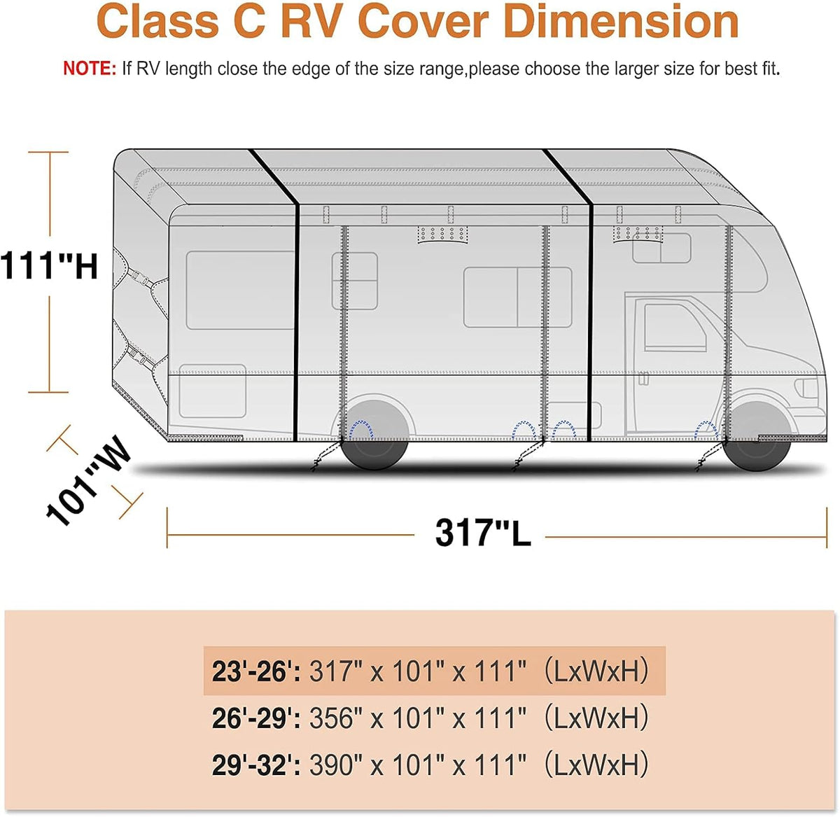 Rip-Stop 210D Class C RV Cover for 29’-32’ Motorhome with 2Pcs Extra Long Straps & Gutter Covers Z32861