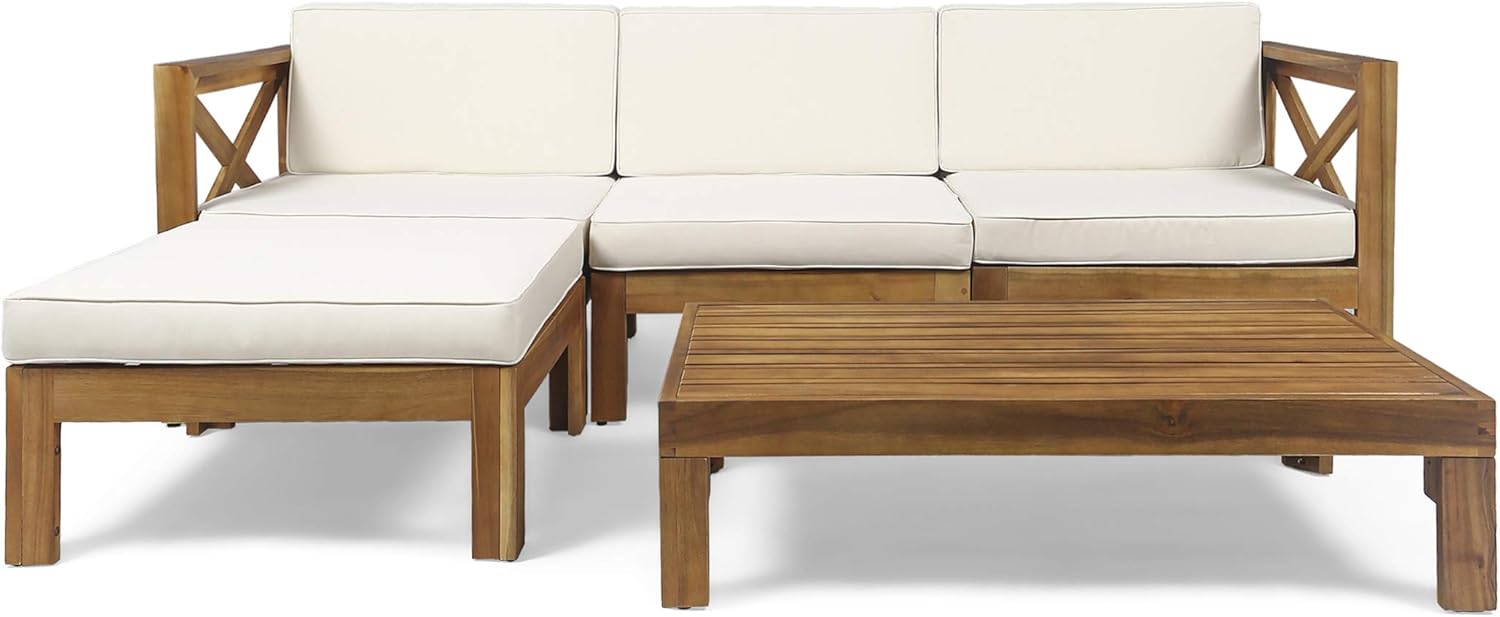 Teak Finish Beige 5 Piece Outdoor Acacia Wood Sofa Set A6087