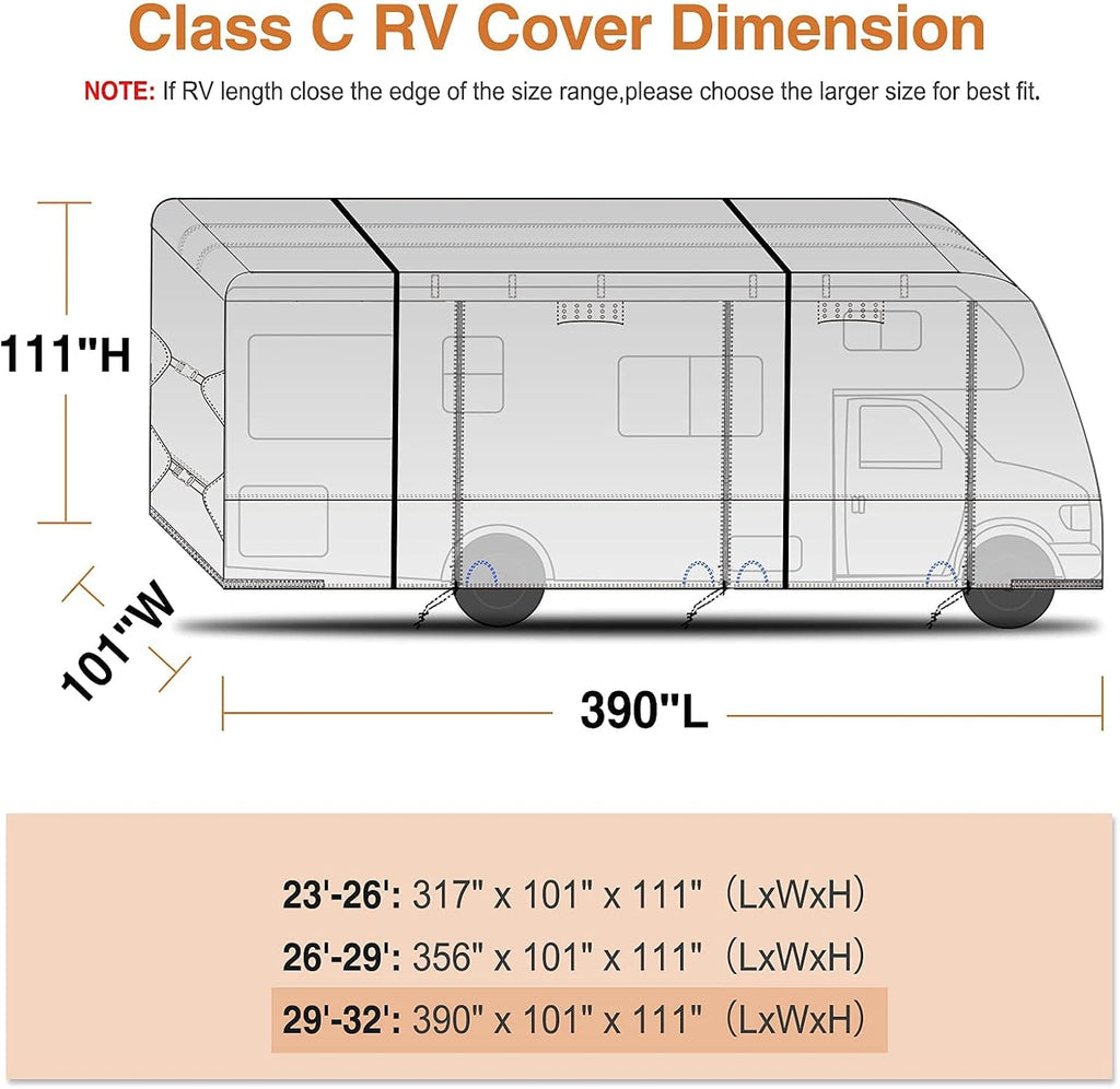 Rip-Stop 210D Class C RV Cover for 29’-32’ Motorhome with 2Pcs Extra Long Straps & Gutter Covers Z32861