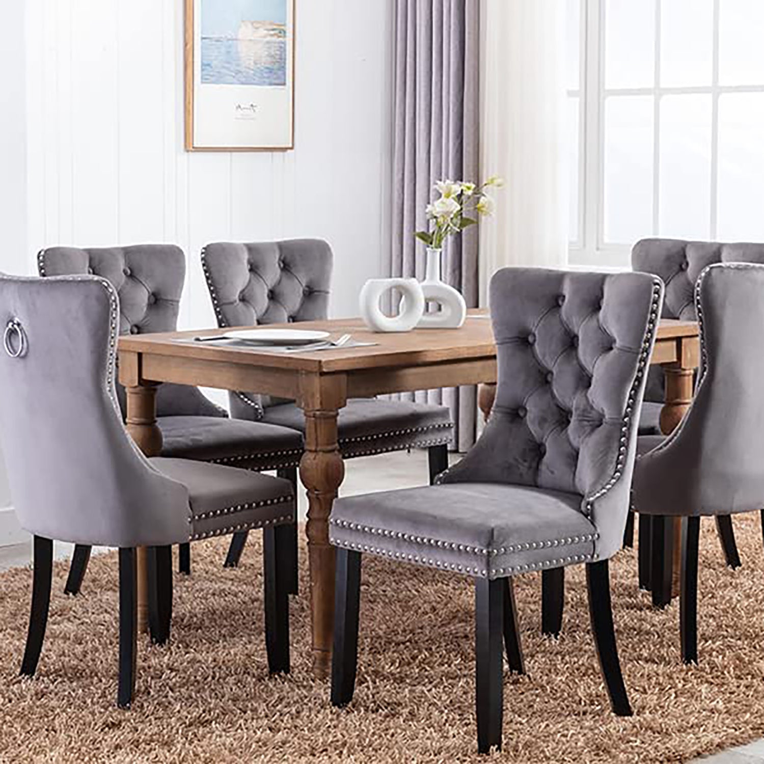 Set of 2 Velvet Upholstered Tufted Dining Chairs with Ring Back and Nailhead Trim Gray J78435