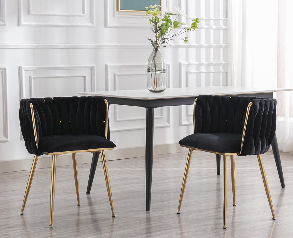 Black Velvet Upholstered Dining Chair Set of 2 with Metal Legs Z749098