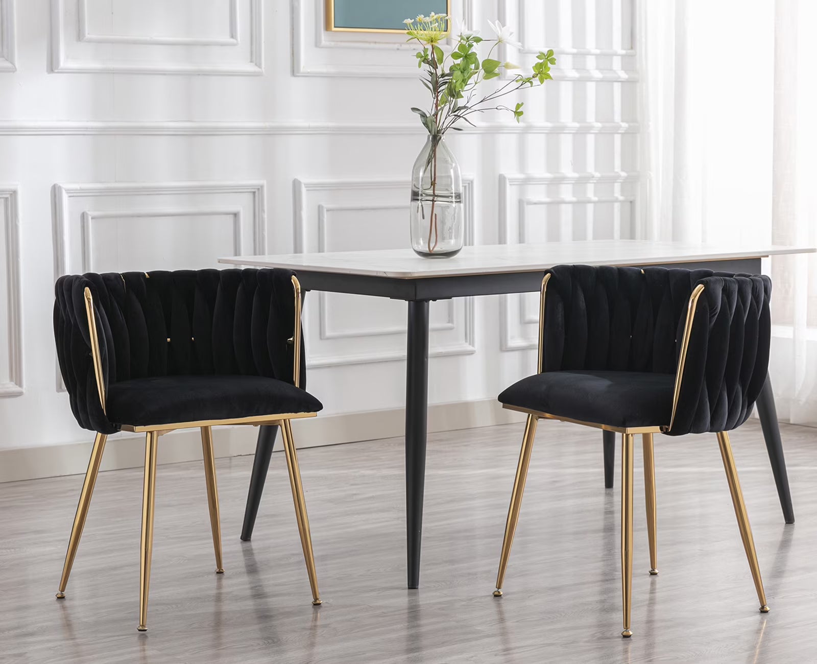 Black Velvet Upholstered Dining Chair Set of 2 with Metal Legs Z749098