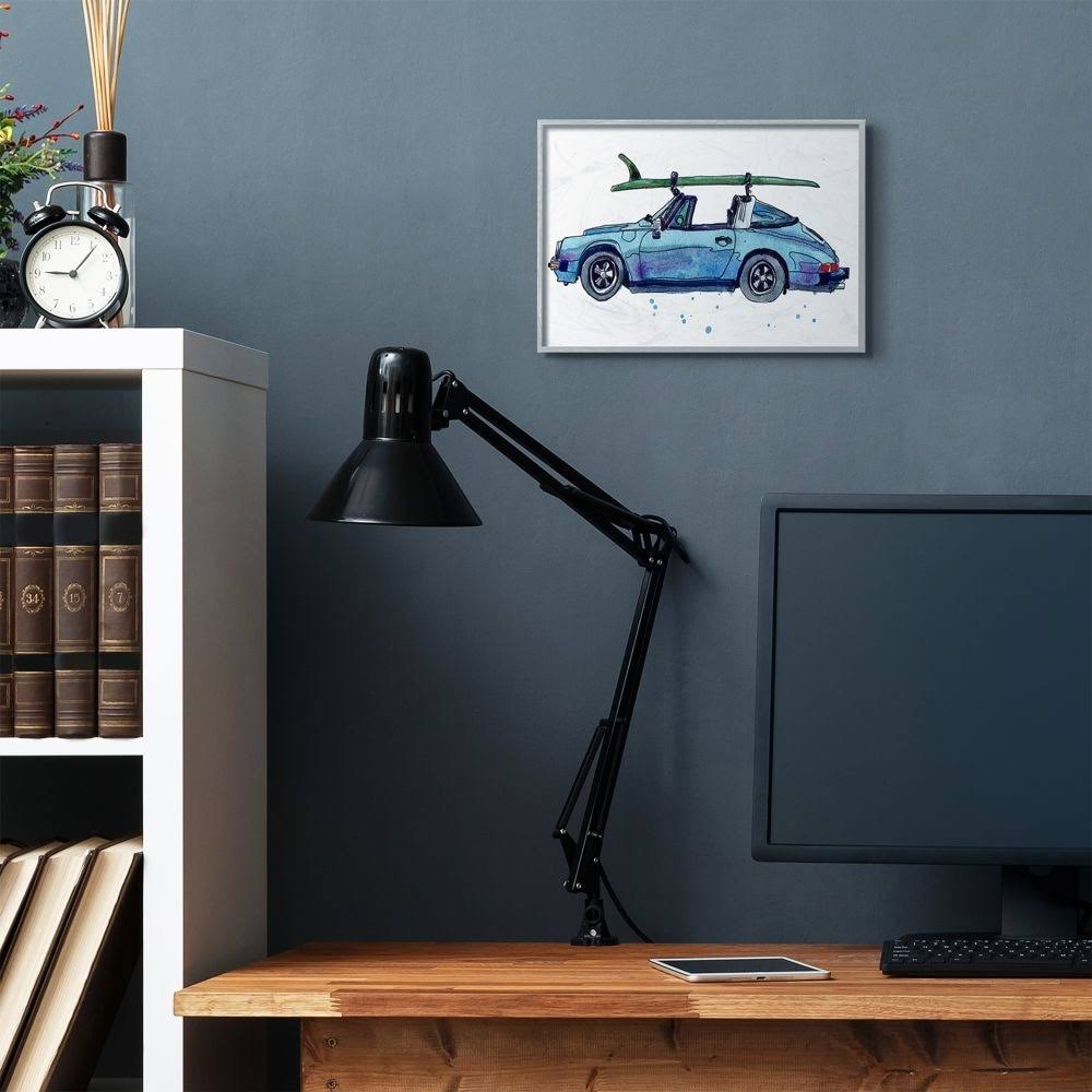 Vintage Blue Car Retro Beach Surf Style Framed 20-in H x 16-in W Coastal Wood Print Q462190