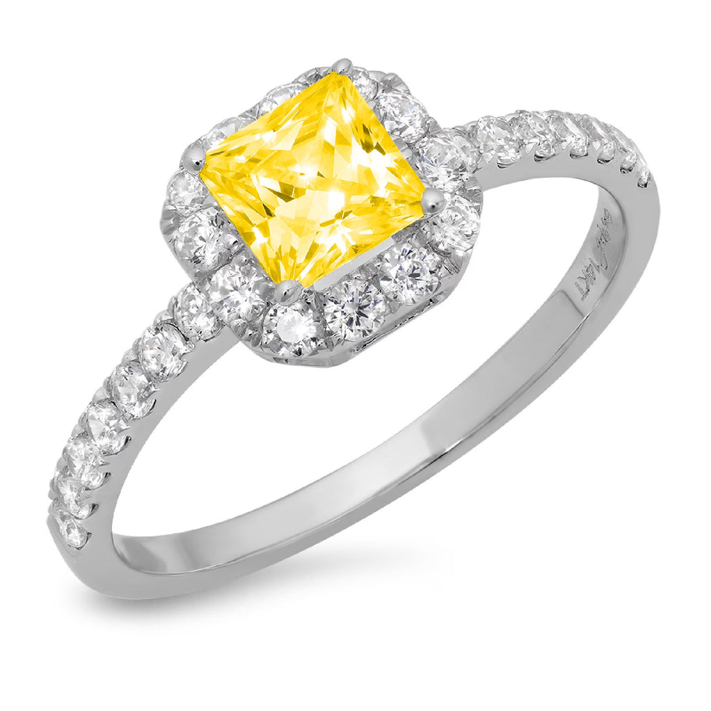 Princess Cut Yellow Simulated Diamond 14k White Gold Halo Ring Size 7.5 Y463