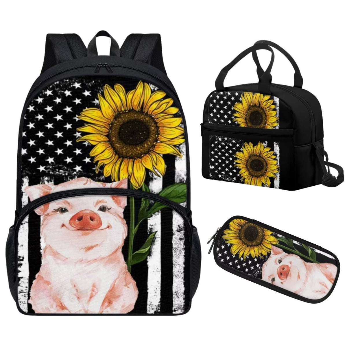 American Flag Pig Backpack Lunch Box Set of 3, Galaxy Space School Backpacks for Girls 10-12, Kids Bookbag Lunchbag Pencil Case U28431