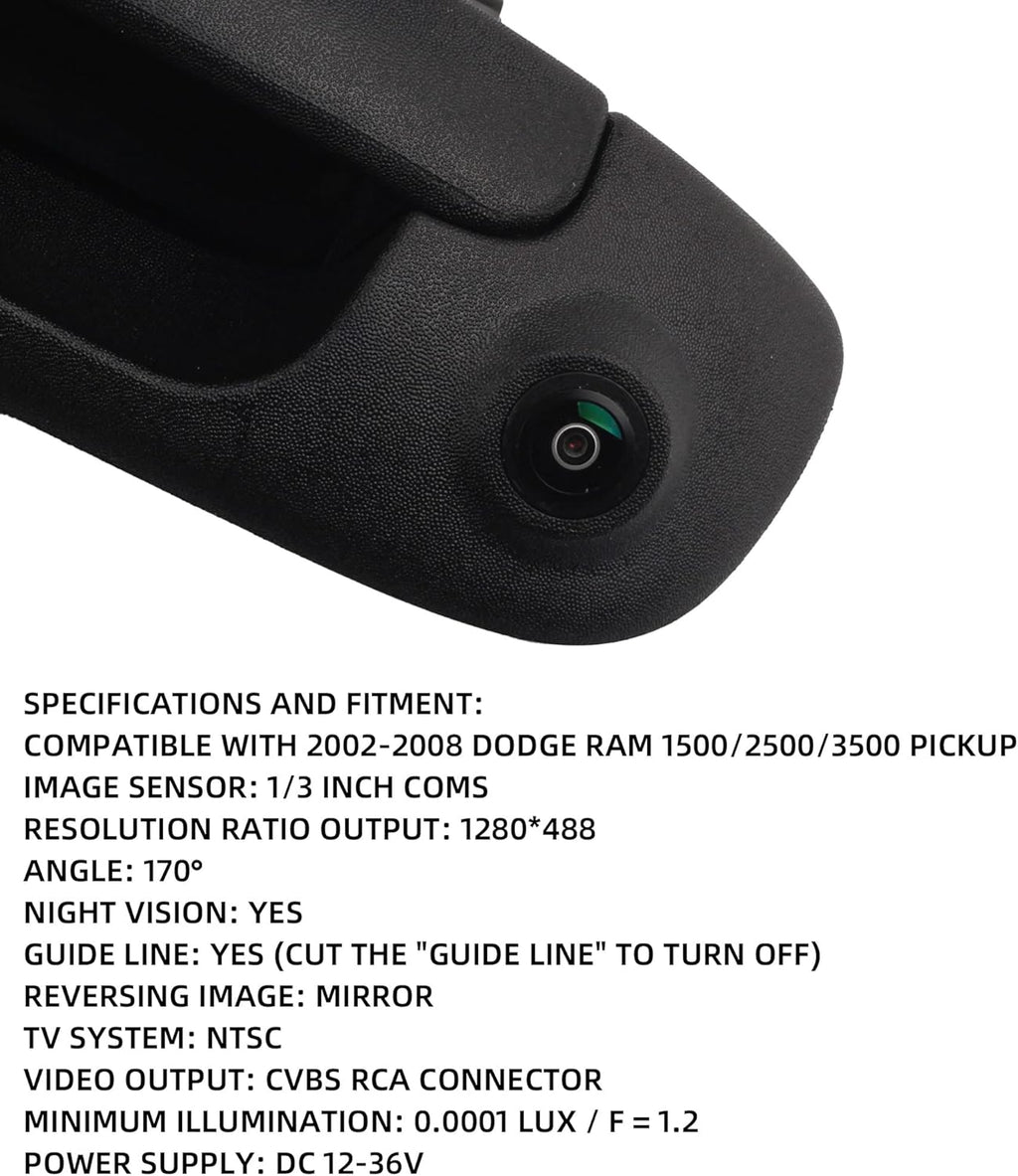 Tailgate Handle with Backup Rear View Camera for 2002-2008 Dodge Ram 1500 2500 3500, RCA Connector, Pack of 2 W23660