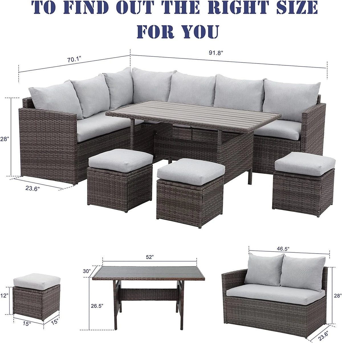 7 Piece Outdoor Dining Sectional Sofa with Dining Table and Chair W753