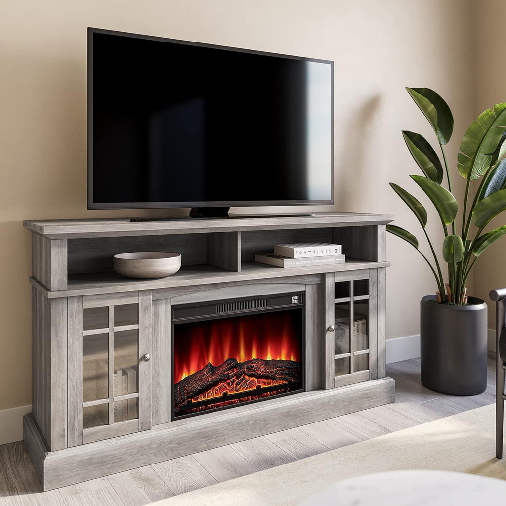Traditional Rustic Electric Fireplace TV Stand with Open Storage Shelves & Cabinets (Light Gray) P3633
