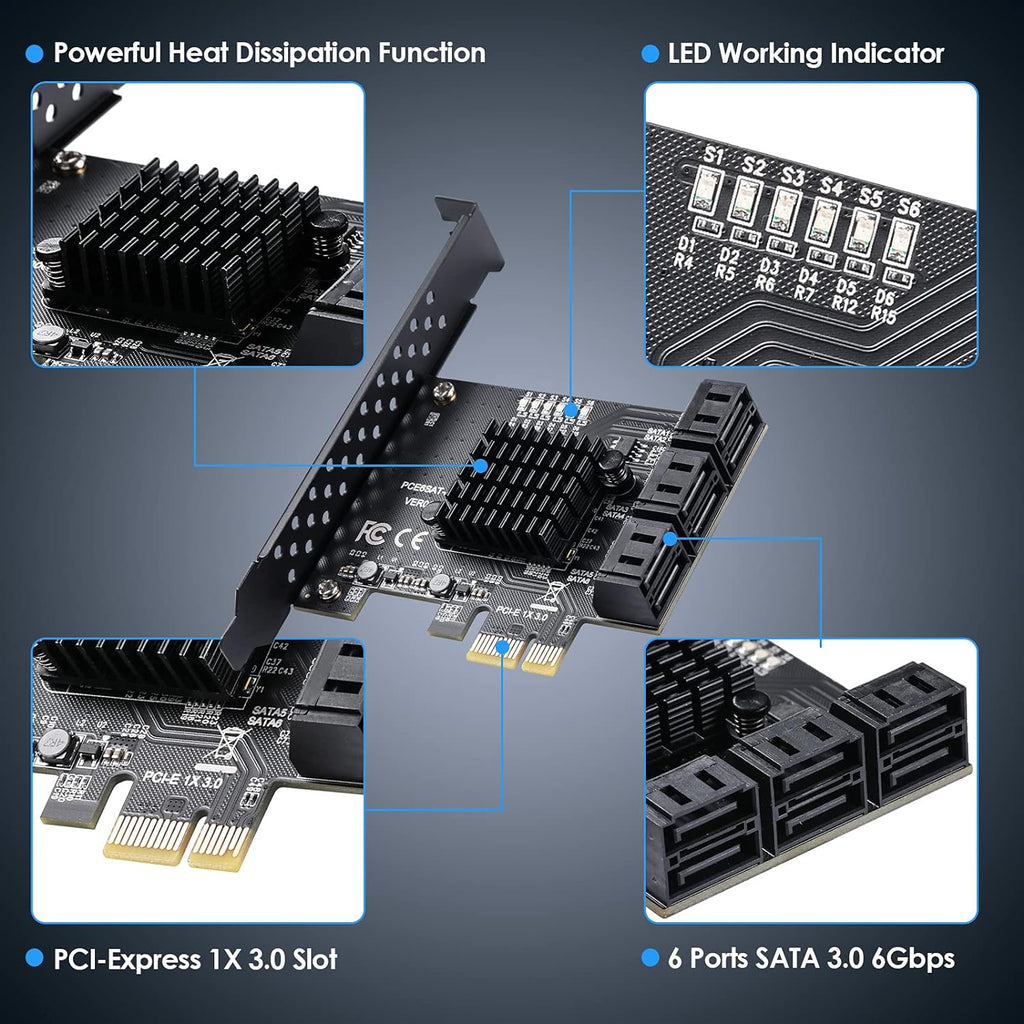 6 Port SATA 3.0 PCIe Controller Card with 6 SATA Cables X360605