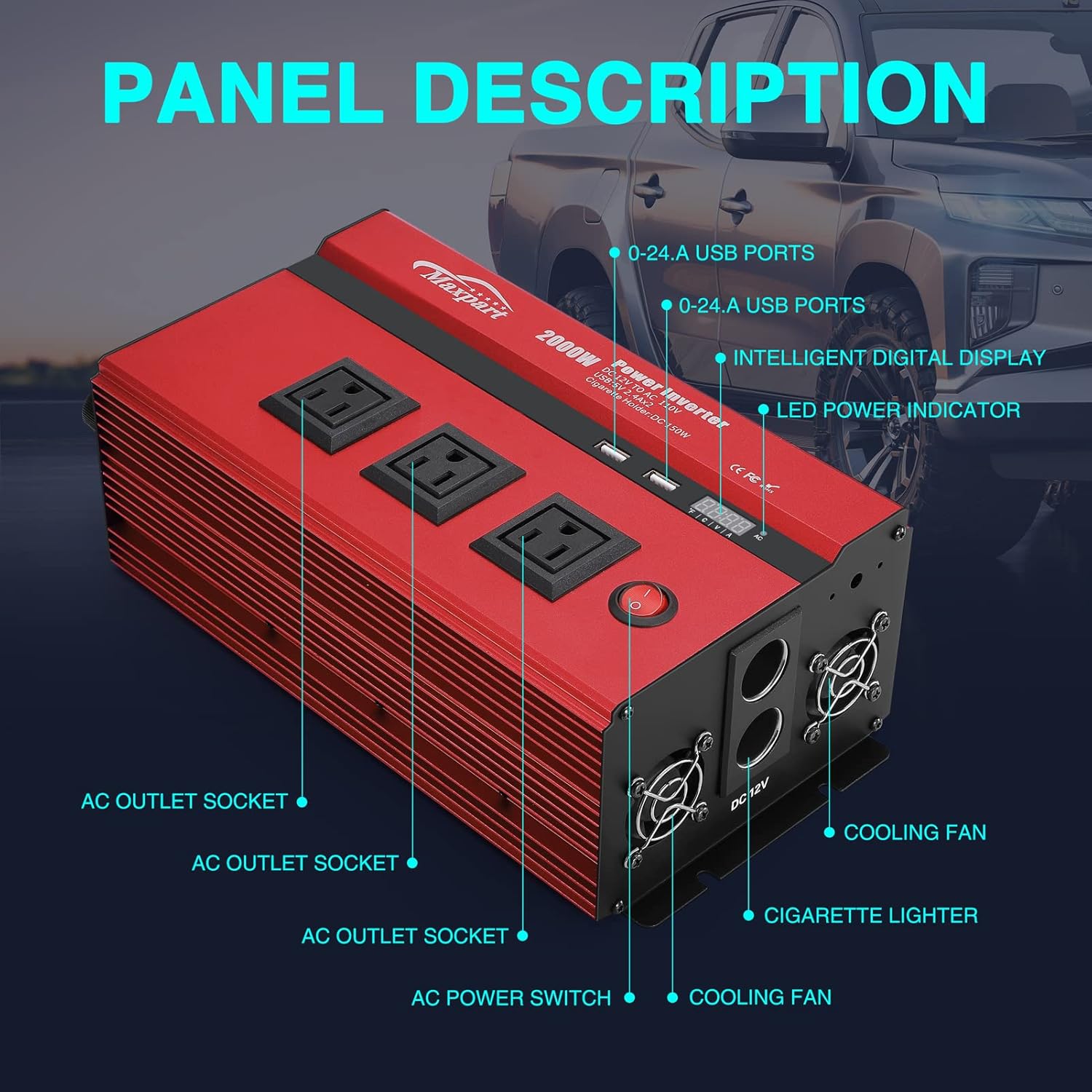 2000W Power Inverter 12v DC to 110v AC Converter with 3 AC Outlets Z837003