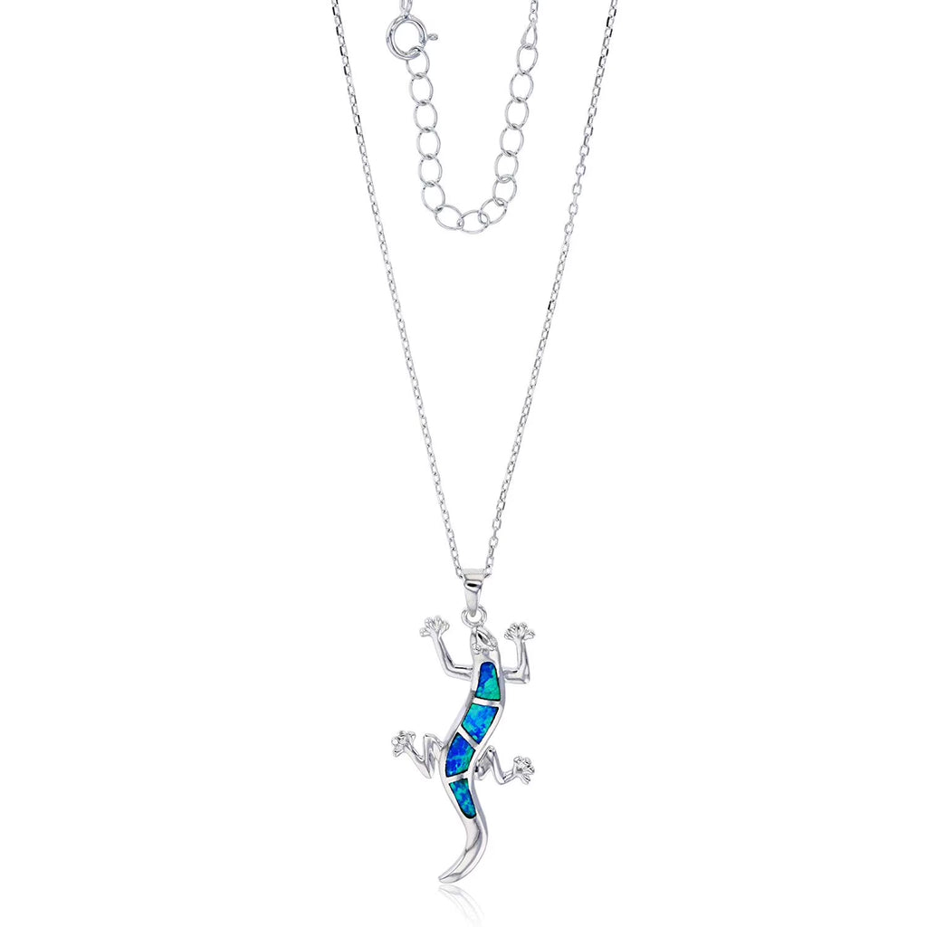 18" Rhodium Created Opal Lizard Cable Chain Necklace F40456