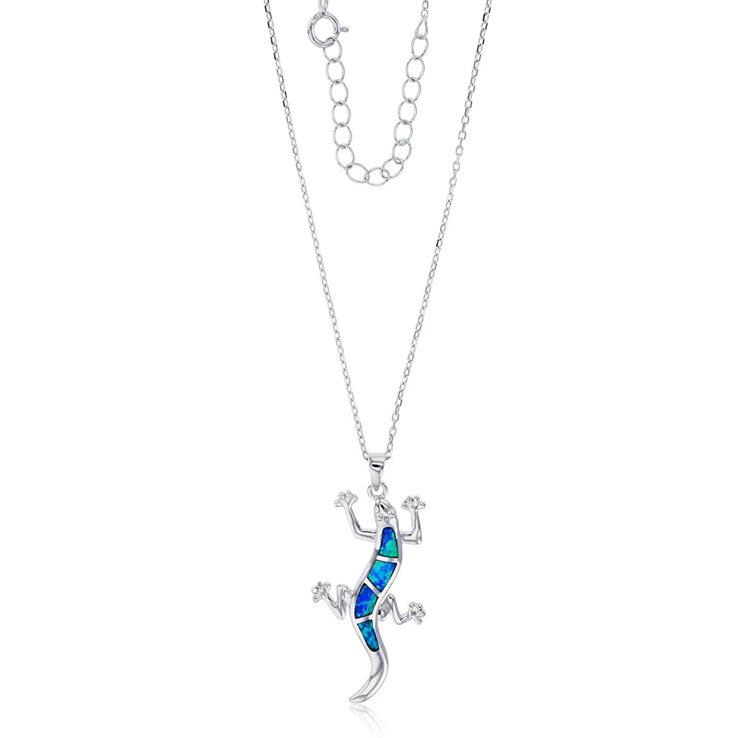 18" Rhodium Created Opal Lizard Cable Chain Necklace F40456