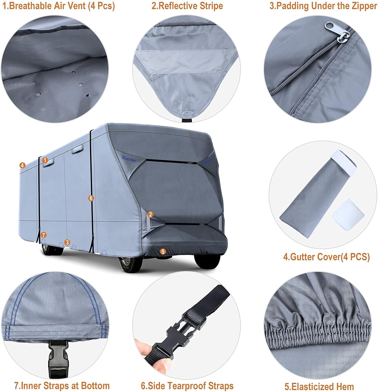 Rip-Stop 210D Class C RV Cover for 29’-32’ Motorhome with 2Pcs Extra Long Straps & Gutter Covers Z32861
