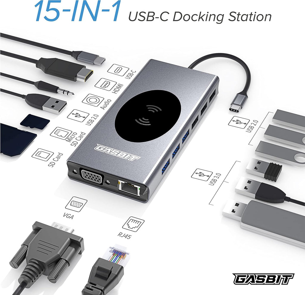 15-in-1 USB C Hub Multiport Adapter with Wireless Phone Charger, Pack of 2 T405