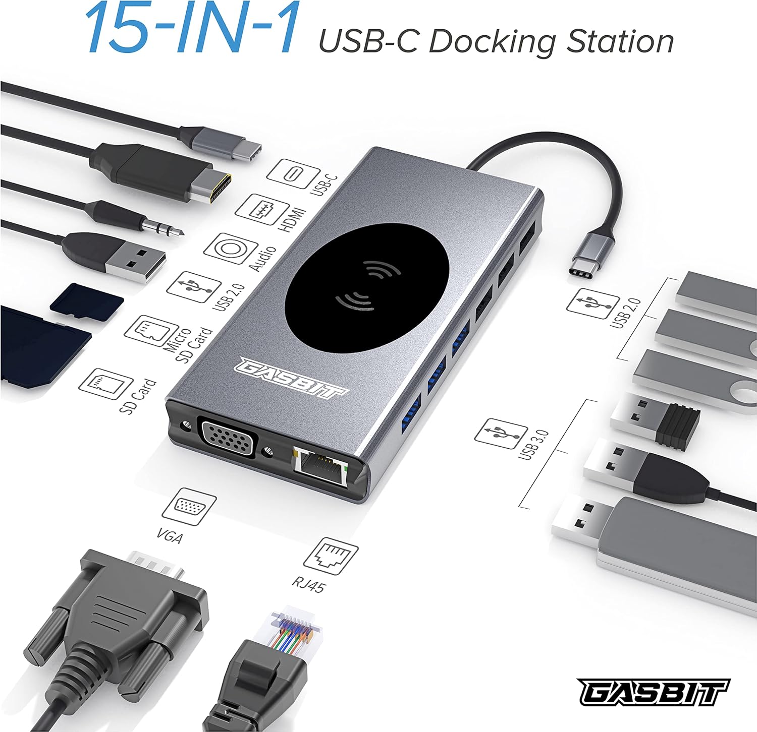 15-in-1 USB C Hub Multiport Adapter with Wireless Phone Charger, Pack of 2 T405