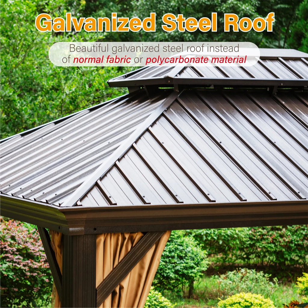 10' x 12' Hardtop Galvanized Steel Outdoor Gazebo with Netting and Curtains I83931