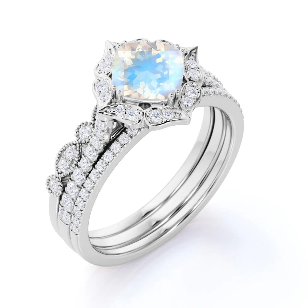 1.5 carat Cushion Blue Moonstone and Moissanite Wedding Ring Set in 18k White Gold over Silver E7808