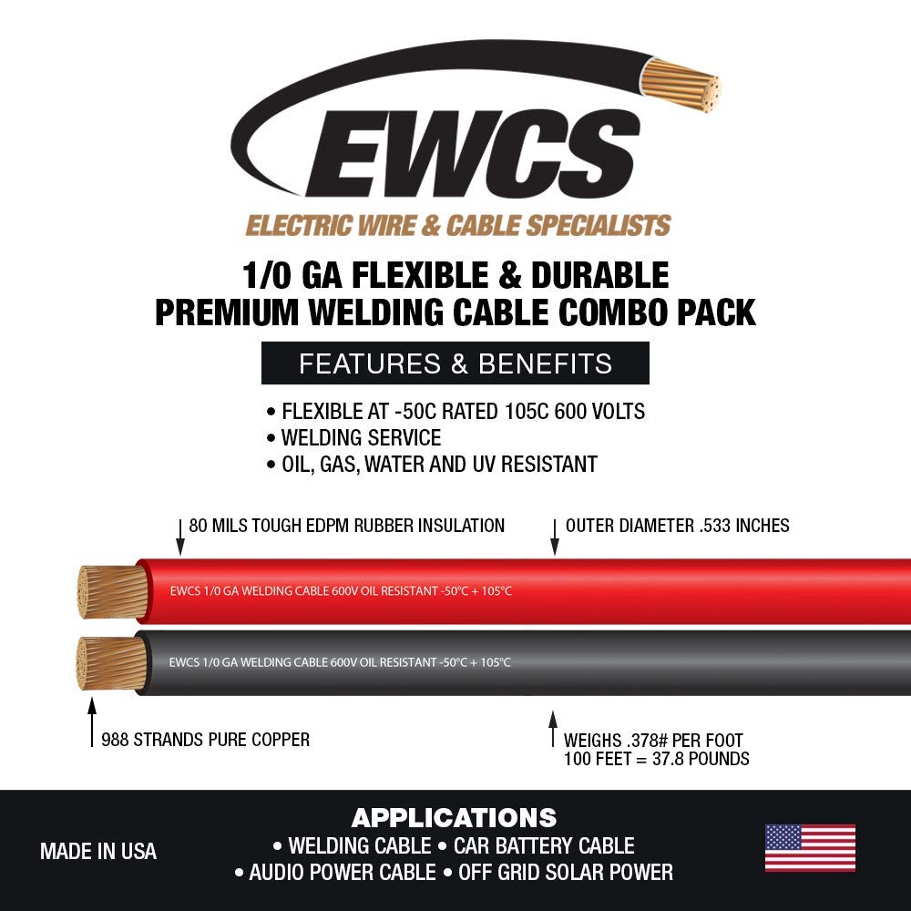 1/0 Gauge 25 Feet Black + Red Welding Cable C513554
