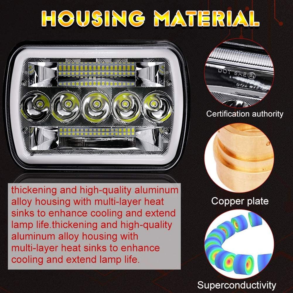 5x7 LED Headlight 2PCS 7x6 inch Halo Sealed Beam H6054 Replacement Hi/Lo Beam DRL Pack of 2 Y526831