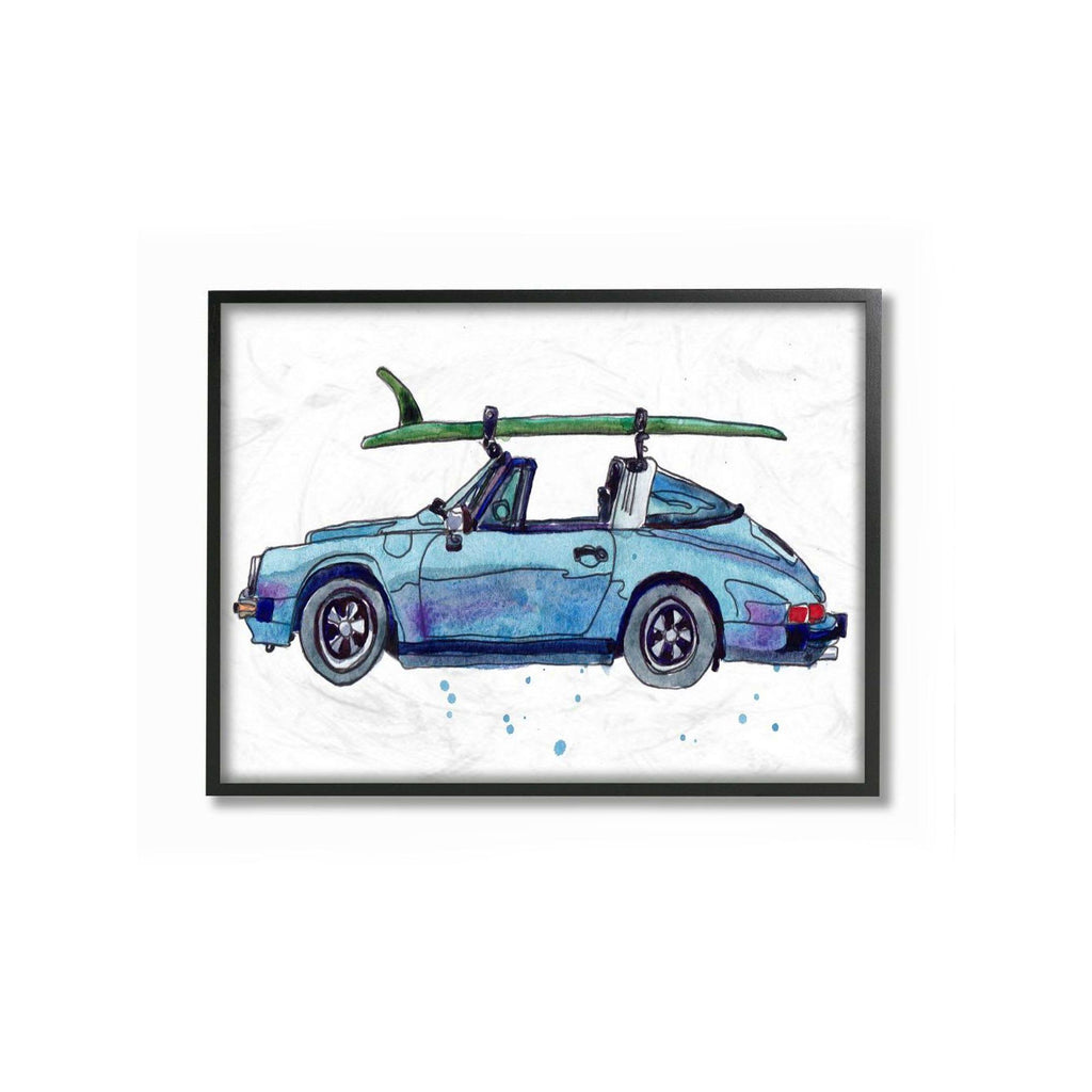 Vintage Blue Car Retro Beach Surf Style Framed 20-in H x 16-in W Coastal Wood Print Q462190