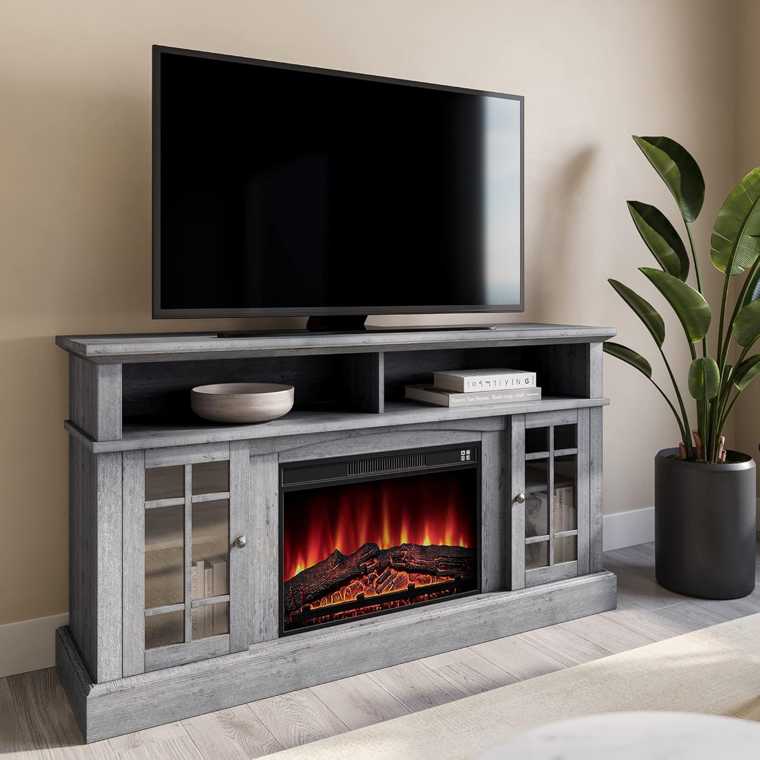 Traditional Rustic Electric Fireplace TV Stand with Open Storage Shelves & Cabinets (Light Gray) P3633