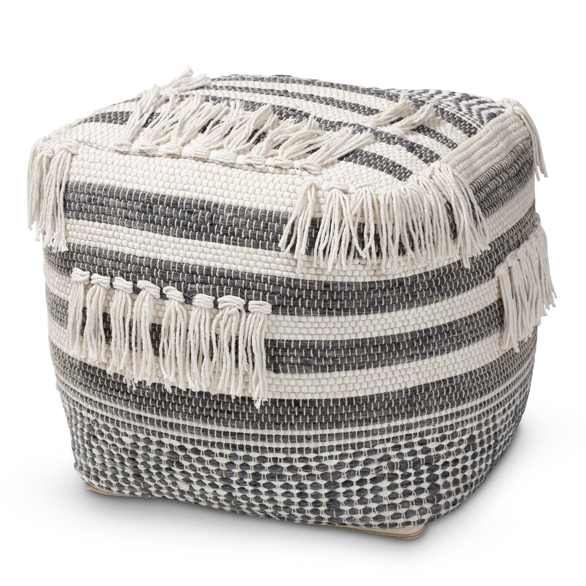 Grey and Ivory Handwoven Pouf Ottoman A379361