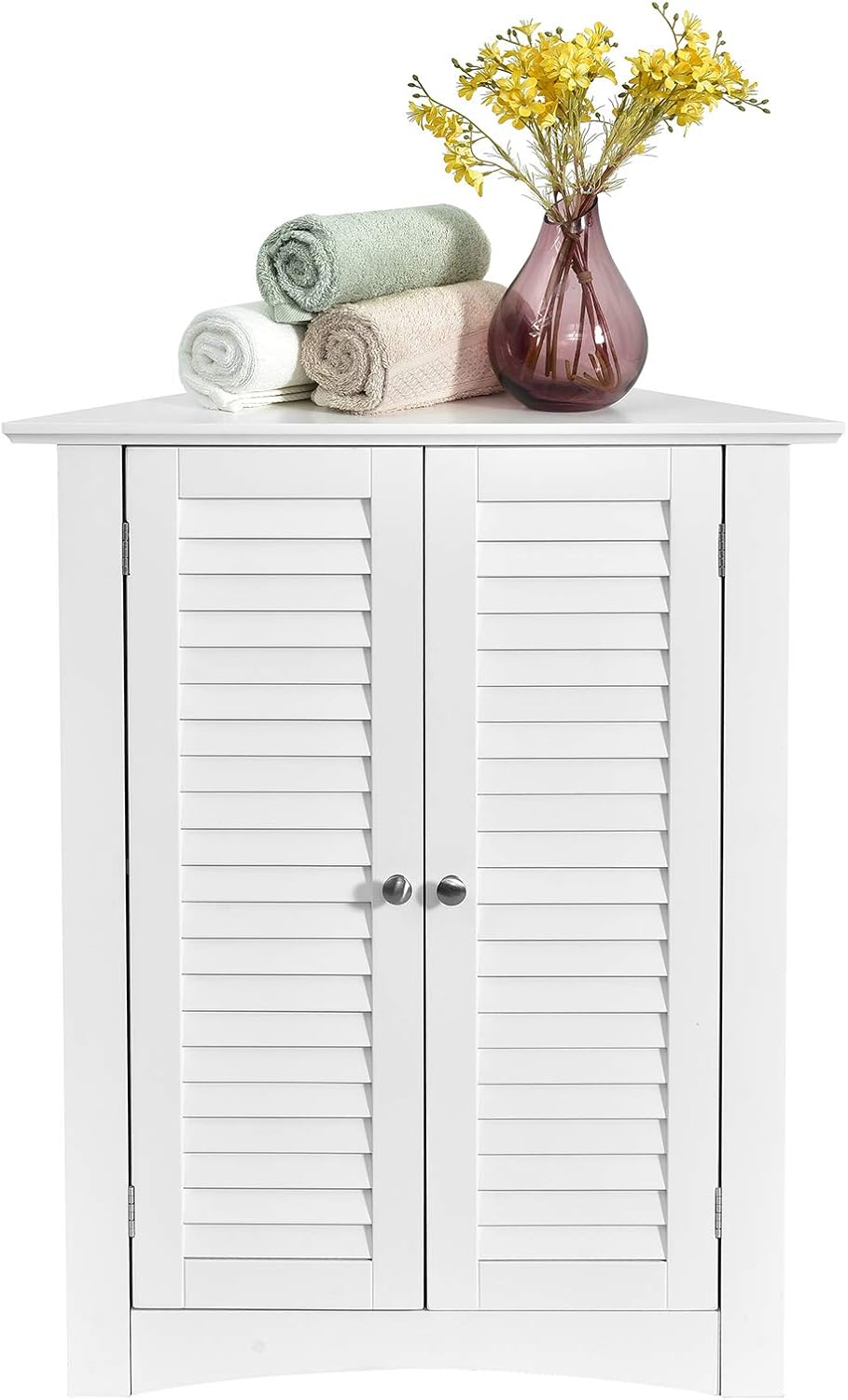Brown Corner Bathroom Cabinet with Double Shutter Doors and Adjustable Shelf R91093