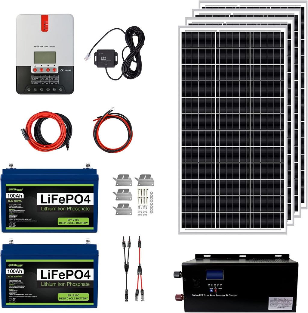 2.5KWH 12V Solar Power Kit with LiFePO4 100Ah, 400W Mono Solar Panels, 30A MPPT Charge Controller, 2KW Pure Sine Wave Inverter Charger E6975