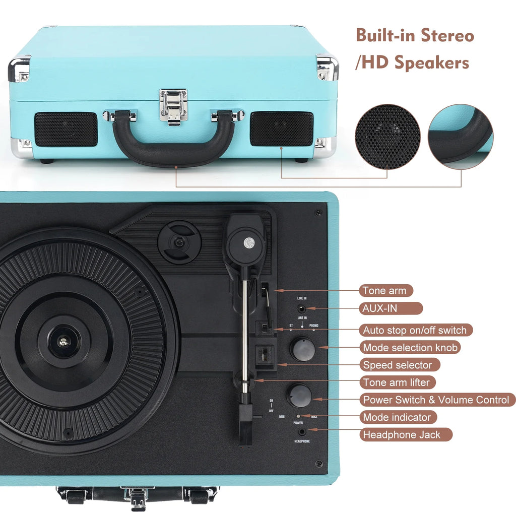 Bluetooth Record Player Turntable with Built-in Stereo Speakers, Suitcase Design - Blue Q4655