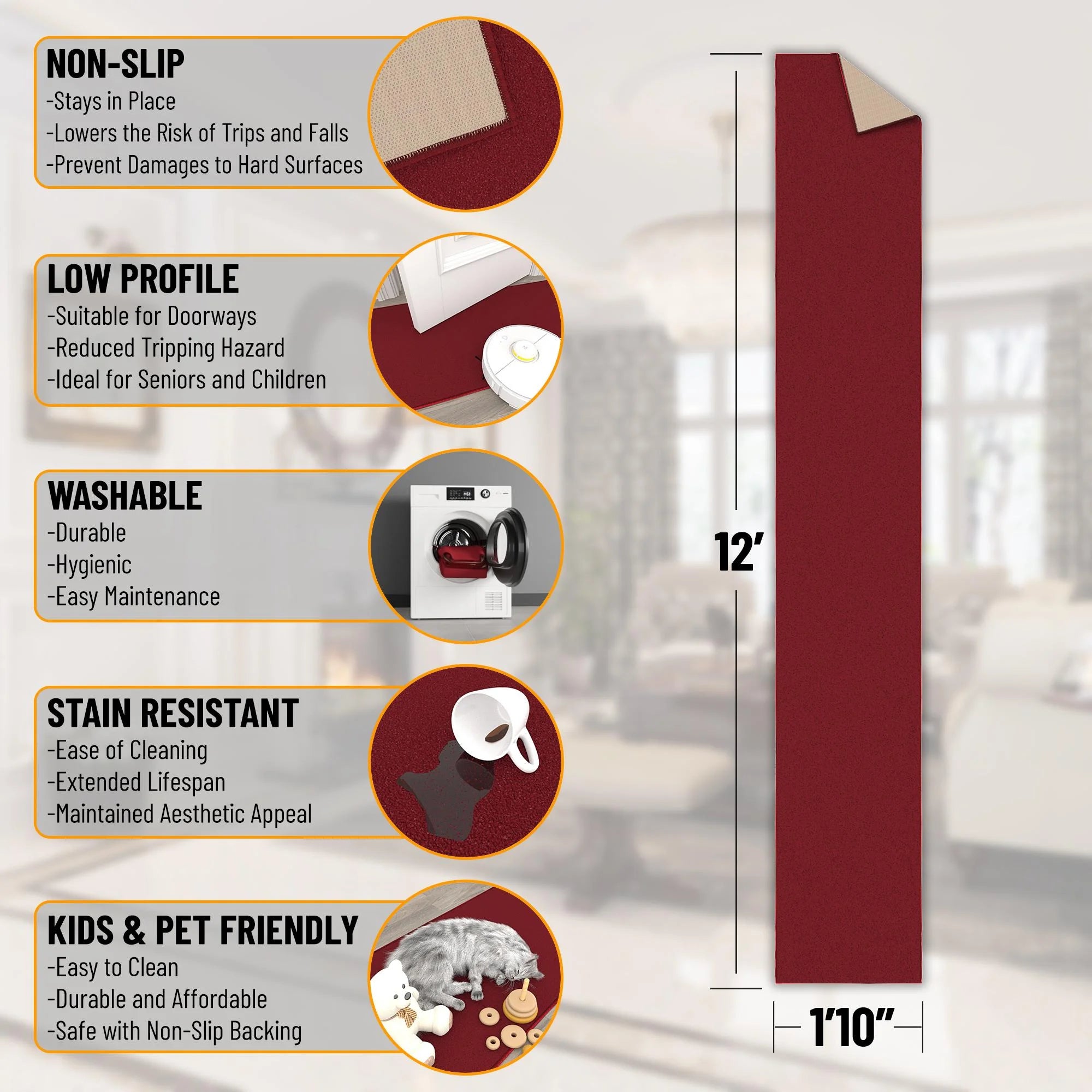 Red Non-Slip Rubberback Runner Rug, 1'10" x 12' L333