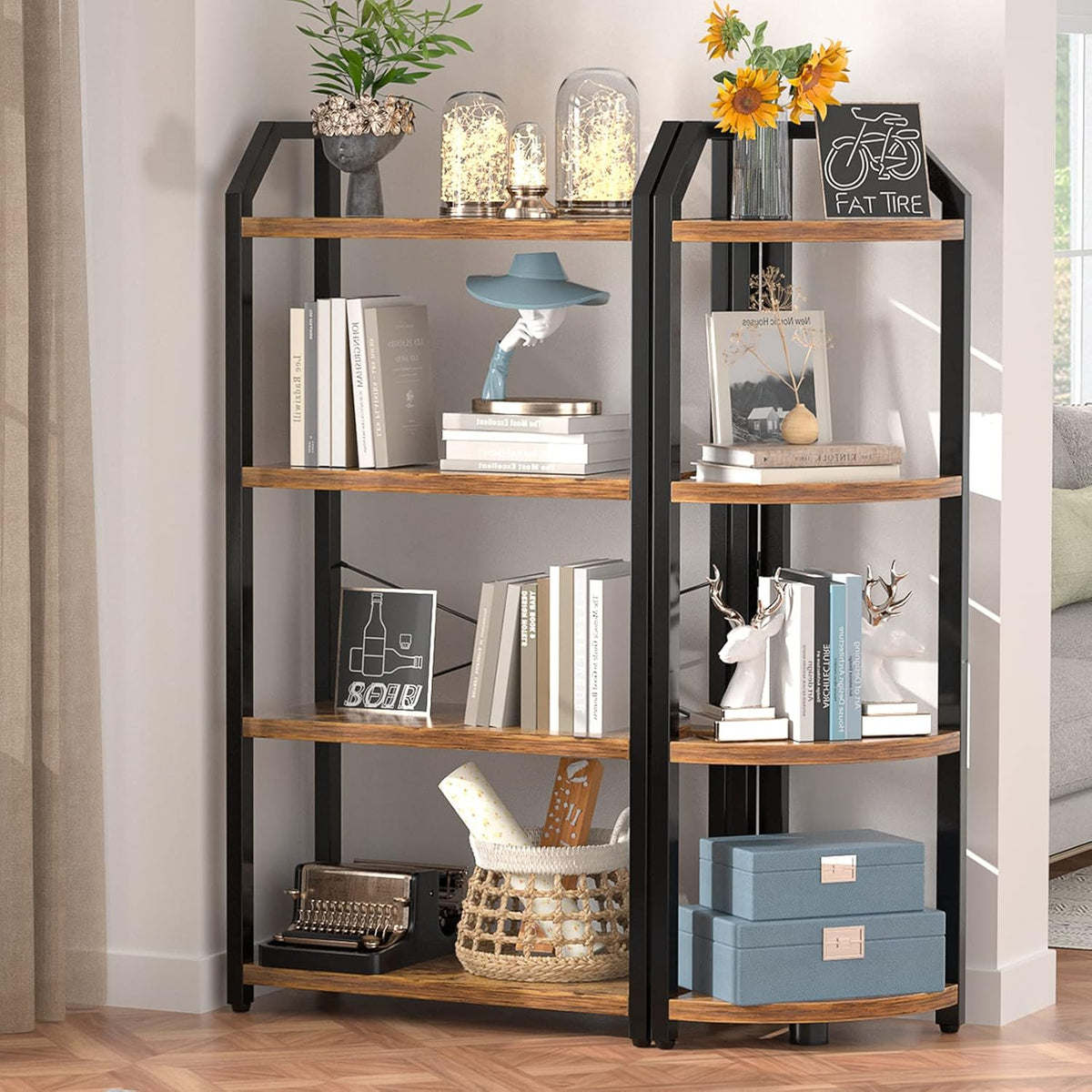 4-Tier Double Wide Bookcase Set of 2, Rustic Brown B2148